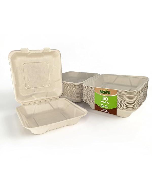 BREFR 50 Pack 8x8 Inch Compostable Clamshell Takeout Containers, Biodegradable To Go Boxes – Heavy Duty Disposable Food Containers Made of Sugarcane Bagasse, For Restaurant, Cafe, Food Truck by BREFR - Used condition - US$16.61