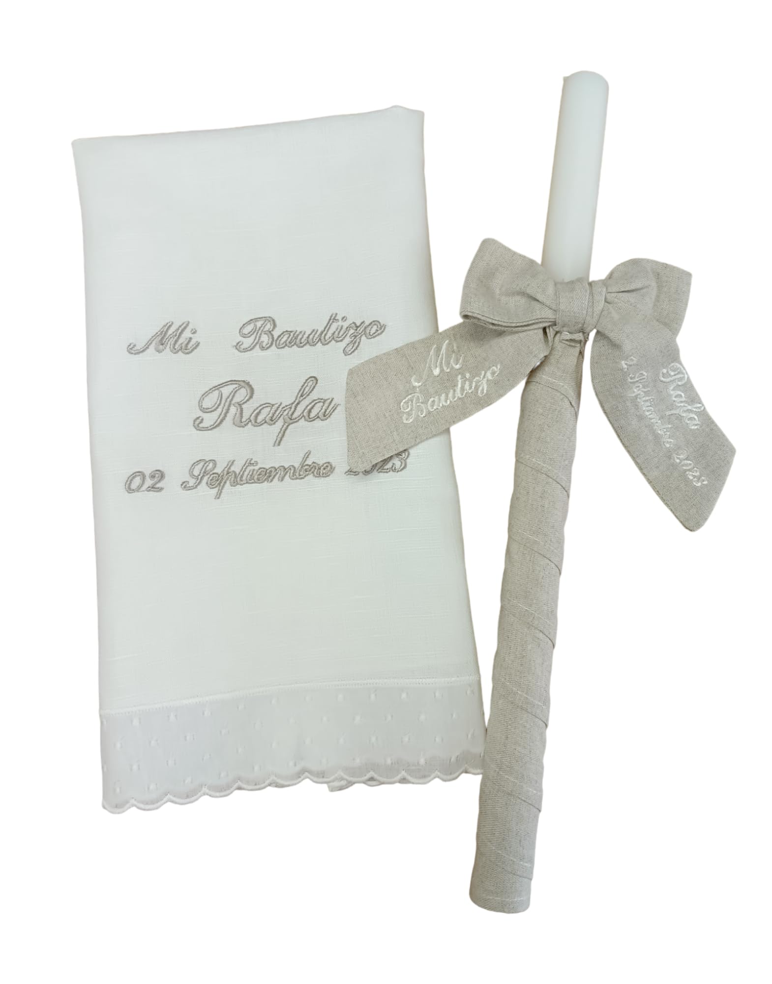 Kit de vela y pañuelo personalizado para bautizo – Pack de vela decorada para Bautizo y Paño bordado con nombre y fecha del Bautismo - Modelo Lino (Rústico)