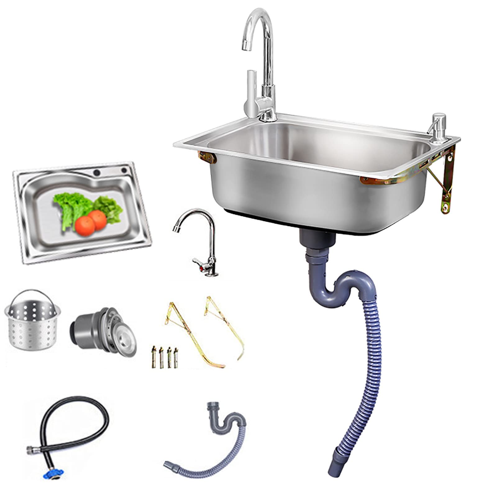 SDdPulse Fregadero utilitario montado en la pared con cesta coladora de grado comercial para lavandería, patio trasero, garaje y camping, color único, 58 x 43 cm