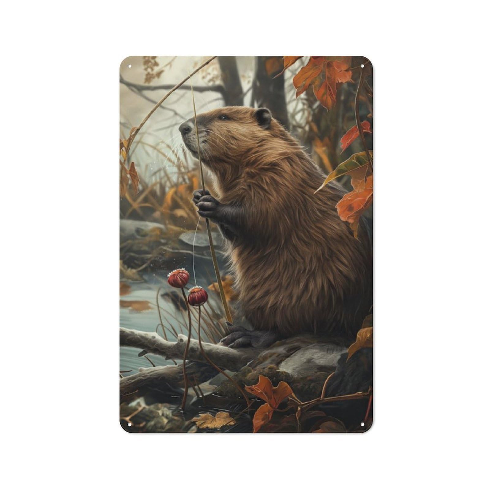 Junmoney Funny Beaver Catching Fish Understated Office Metal Sign 30X20cm Featuring Studio Wall Plaque For Office, Study, Studio Or Hallway