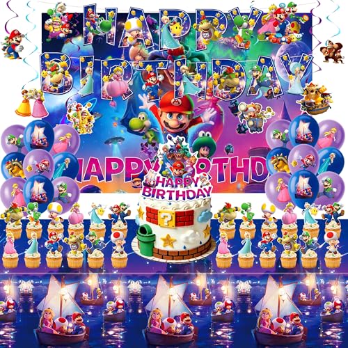2026 New Super Mario Birthday Decorations Set 60x40 Backdrop 71x43 Tablecloth Cake Toppers Balloons Banners Spirals Super Mario Party Supplies for Boys & Girls