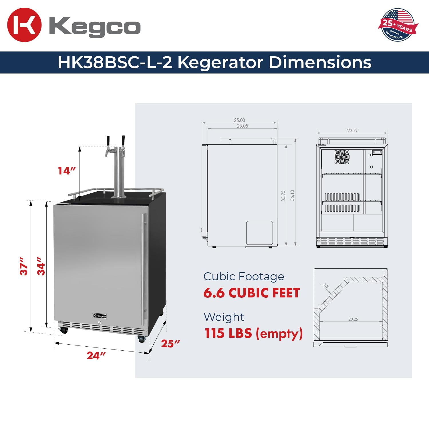 Kegco 24" Wide Dual Tap Stainless Steel Commercial Built-In Left Hinge Kegerator With Kit on Fridge.com - View 3