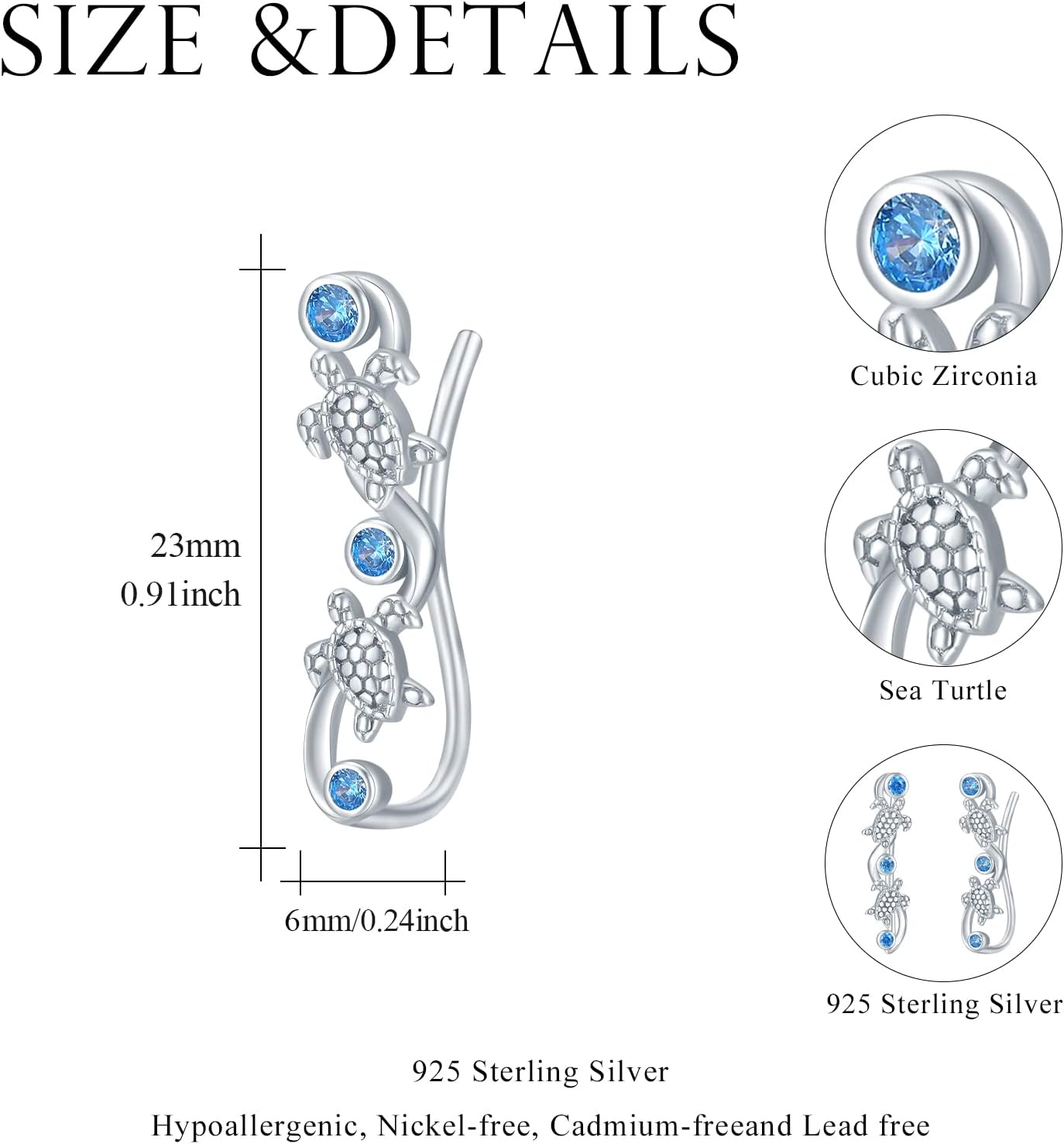 Turtle Earrings Tortoise Sea Turtle Ear Climbers Earrings Crawler Cuff Earrings Turtle with Blue CZ Christmas Tortoise Turtle Lover Jewelry Gifts for Women
