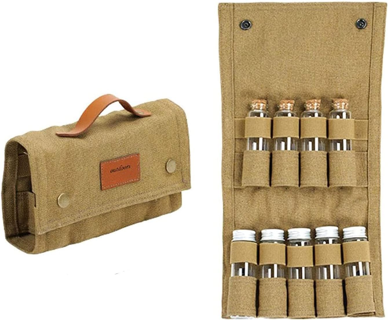 NALACAL Portable Travel Spice Kit for Camping, Salt and Pepper Shakers, Multi Spice Container, Outdoor Camping Seasoning Bottle Storage Bag - 9 Spice Jars Included - Khaki