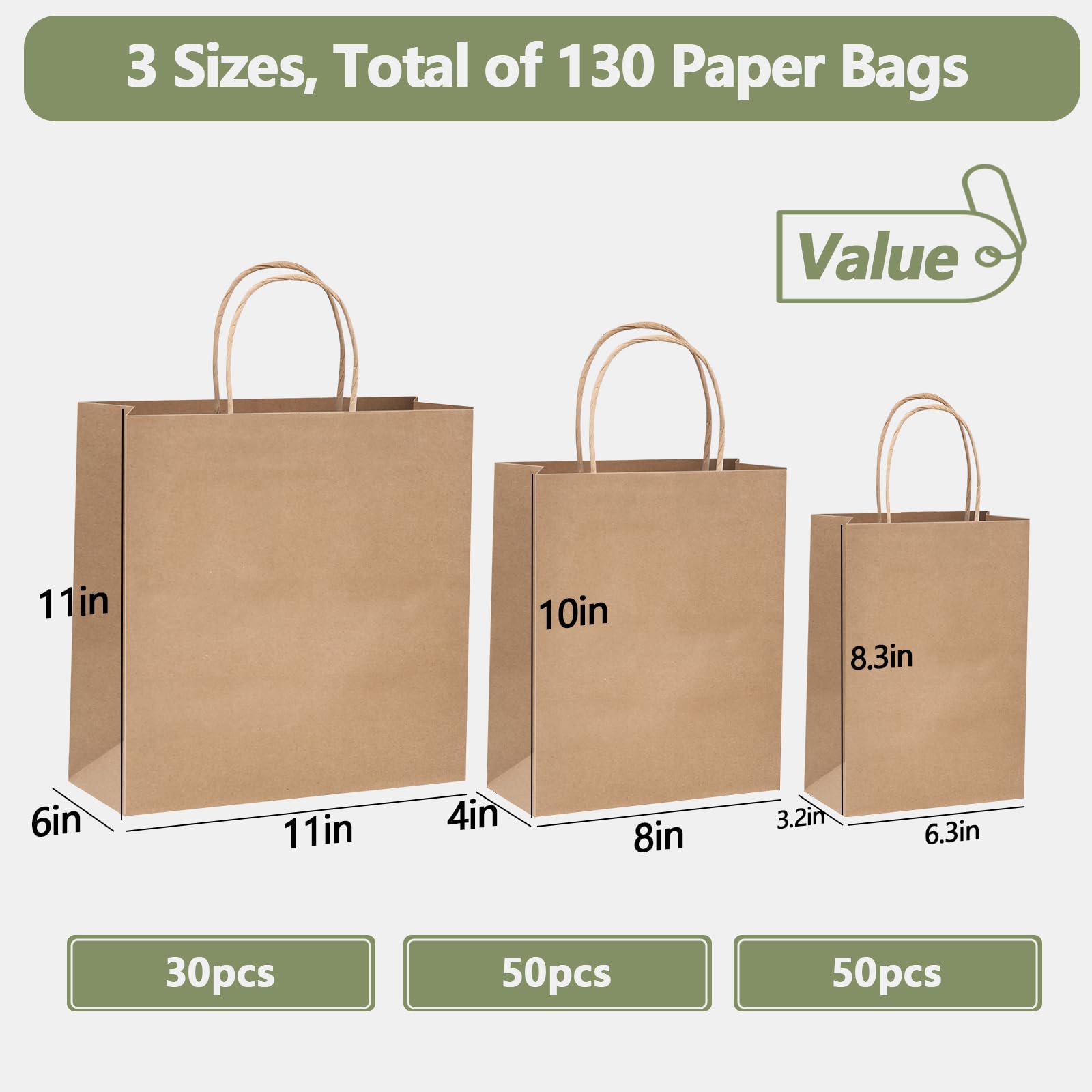 COGLARING 130 bolsas de papel marrón con asas, bolsas de regalo Kraft de varios tamaños a granel para pequeñas empresas, bolsas de compras, bolsas de venta al por menor, bolsas de fiesta, bolsas de
