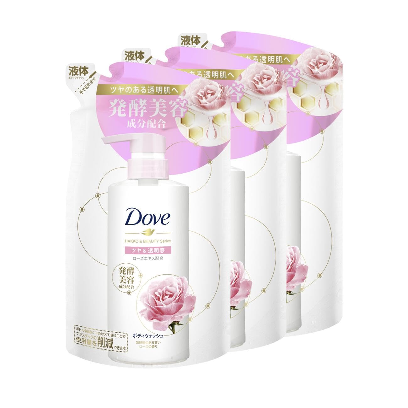 Dove 【まとめ買い】 (ダヴ) ボディウォッシュ 発酵&ビューティーシリーズ ツヤ&透明感 詰め替え用 340g×3個 甘いローズの香り