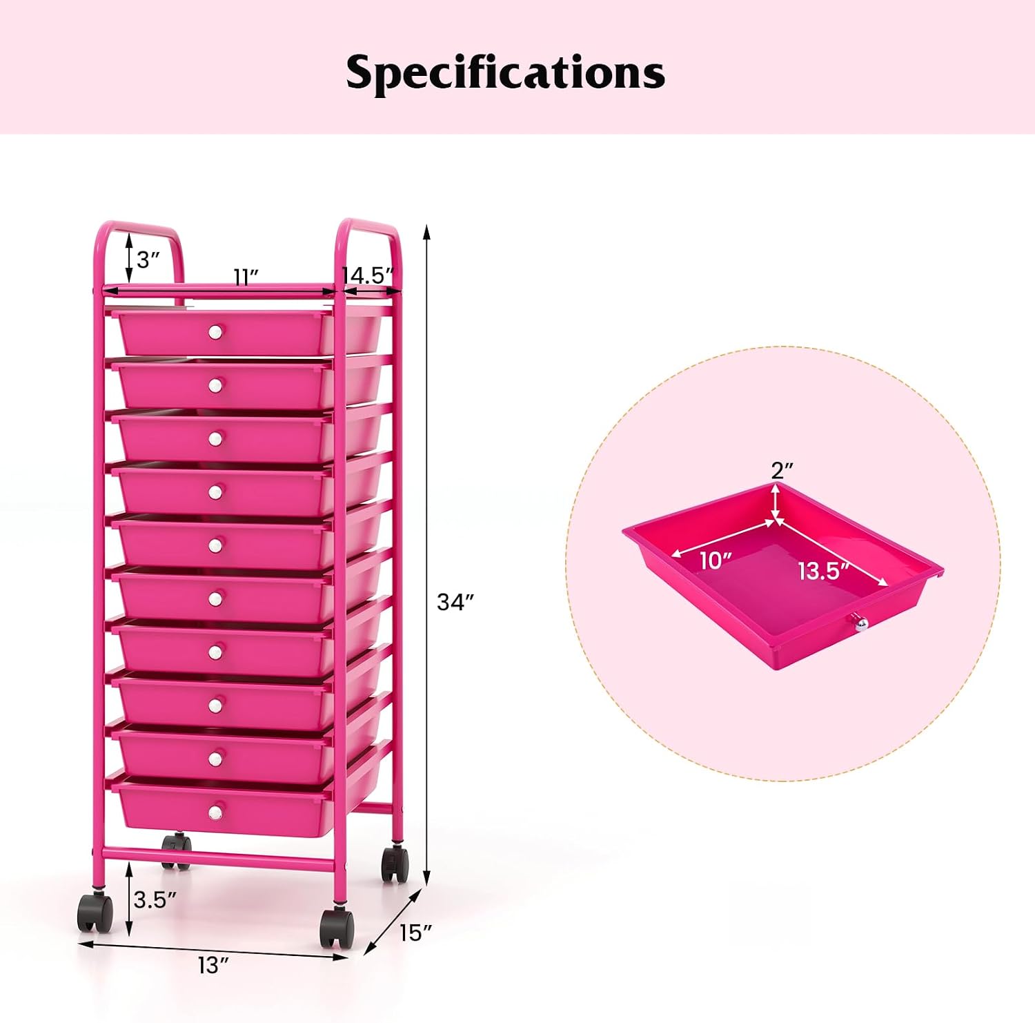 10-Drawer Rolling Storage Cart, Trolley w/Lockable 360° Wheels, 10 Removable PP Drawers, Sturdy Metal Frame, Rolling Utility Cart Perfect for Home, Office, Classroom (Hot Pink)