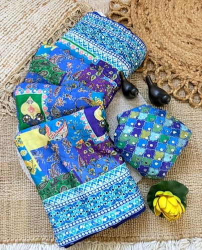 Image of Soft Pure Marshmellow Shiny Chinnon Silk Fabric Along With Designer Ajarakh Print Along With Real Mirror Work Along With Fancy Printed Blouse With Piping And Heavy Latkans