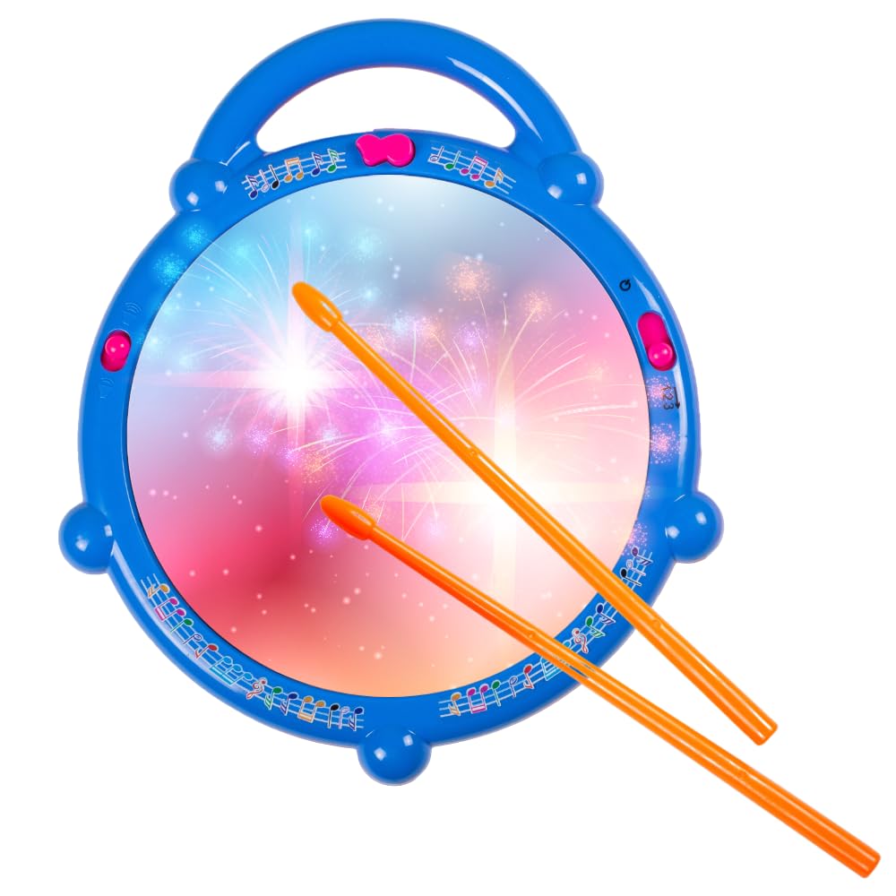 Gooyo GY168-23 Battery Operated 3D Flash Drum Toy with Flash Light & Music Effects | Dynamic Musial Instrument Toy with 2 Mallets for Toddlers | Blue Color, Power Source: 3xAA Battery (Not Included)