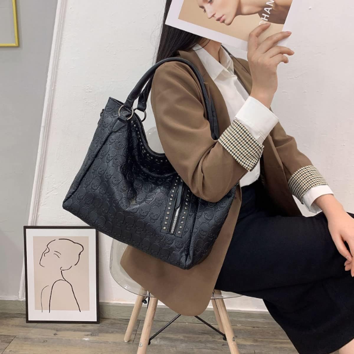 Women Skull Large Tote Bag Rivet Studded Handbag PU Leather Gothic Purse Printing Shoulder Bag Punk Satchel Black | Skull, Large, Rivet Studded, PU Leather, Gothic, Purse, Printing, Punk - Image 3