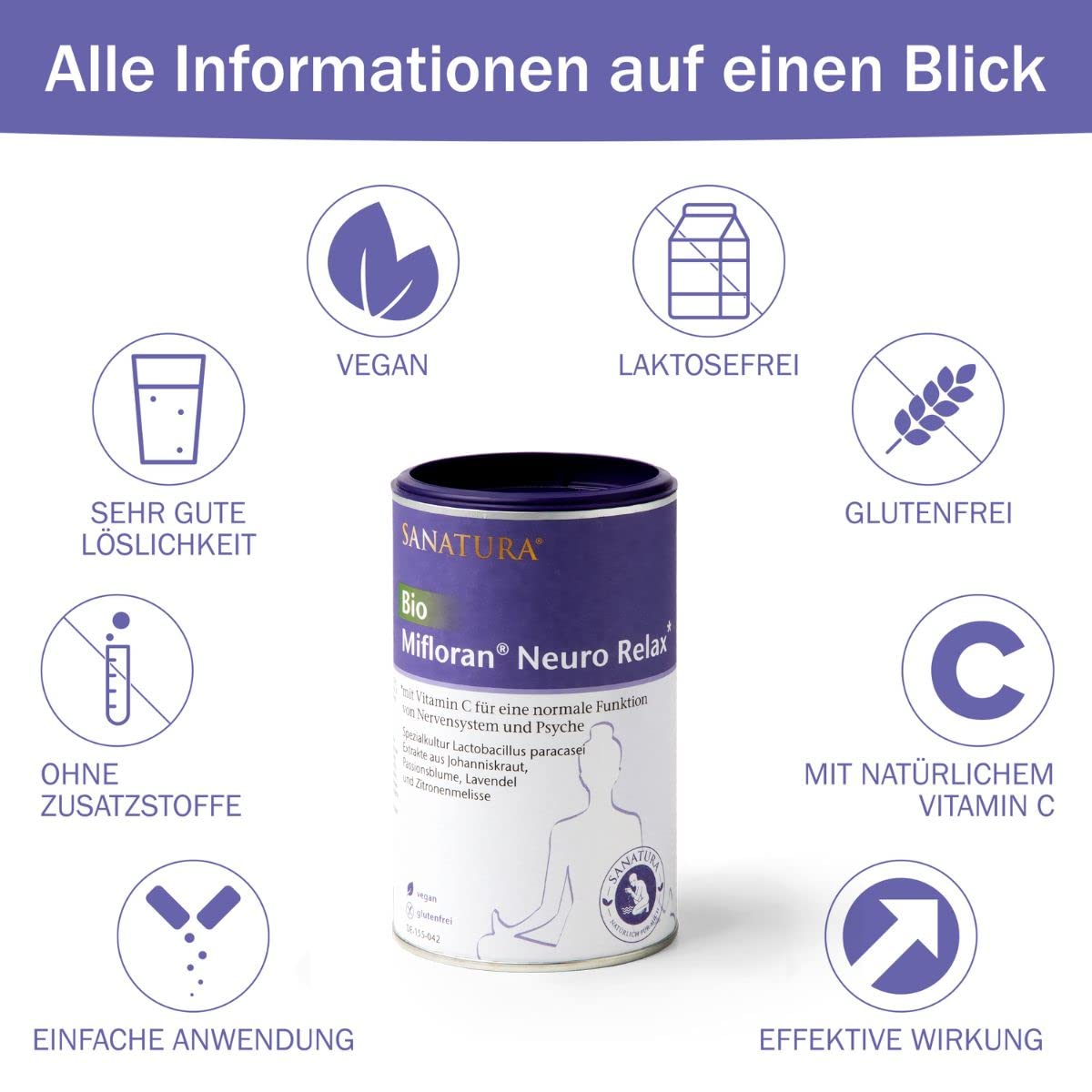Sanatura Bio Mifloran Neuro Relax - Darm-Hirn-Balance, für Psyche & Nerven - u.a. mit Lactobacillus paracasei, Johanniskraut Extrakt, Passionsblume für mehr Entspannung