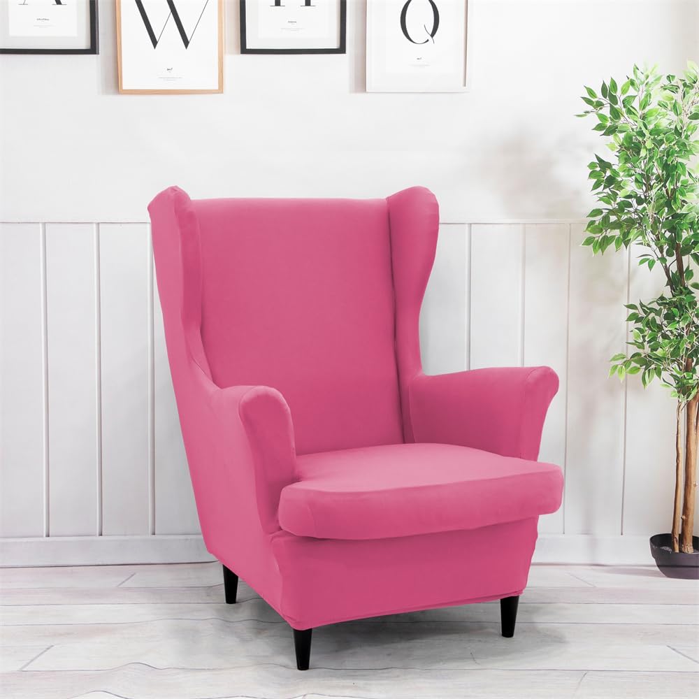 Wingback Chair Covers 2 Piece Stretch Wing Chair Cover Sofa Cover Armchair Slipcover Washable Non-Slip Furniture Protector for Living Room Bedroom (Hot Pink)