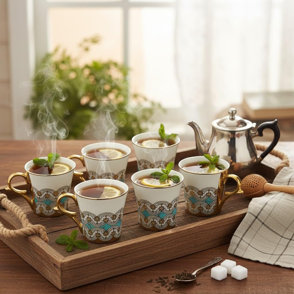 Golden Royal Turquoise Pattern Tea Mugs, Ceramic Tea Cups, Coffee Mugs (180 ml, Golden) - 6 Pcs Set (NOT Microwave Safe)