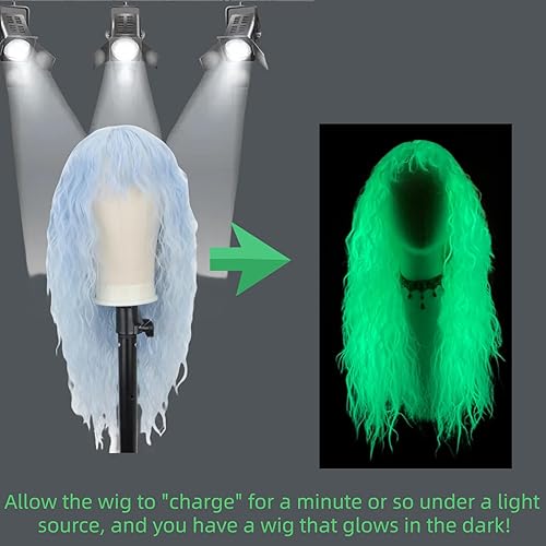 Miniatura 3 de FREE BEAUTY Peluca de cabello ondulado de 26 pulgadas de largo, color azul degradado con flequillo, de aspecto natural, peluca de fibra sintética