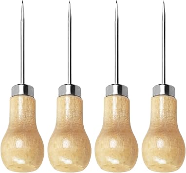 4 Pcs Woodworking Awl Tool Set, 100mm Multi Functional Scratch Awl Bradawl with Wooden Handle for Wood Leather Craft Sewing Fabric DIY Handicraft, Leather Punch Hole Stitching Repair Carpentry Tool