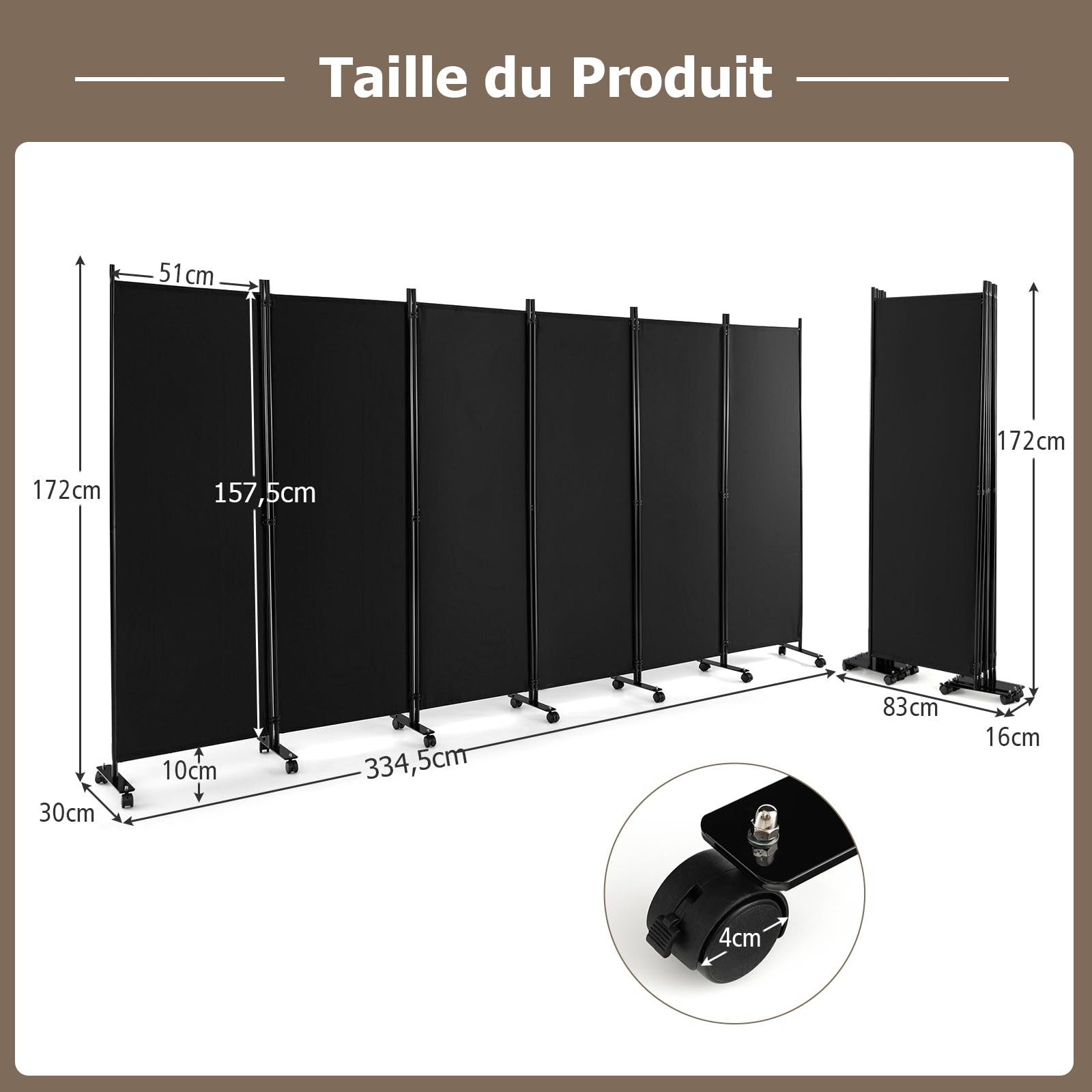 GIANTEX Paravent Intérieur à 6 Panneaux, Separateur de Pieces sur roulettes, 334,5 x 172 cm, Paravent Pliable avec Pieds Larges, Cloison de Séparation, Protection privée (Noir)
