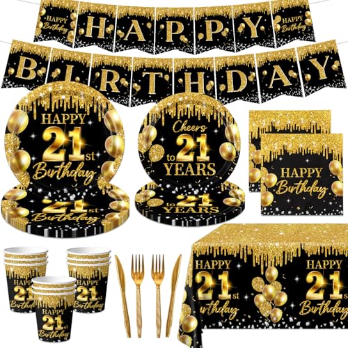21th Birthday Decorations for Her Him, 142Pcs 21th Birthday Decorations Black Gold 21th Birthday Plates and Napkins Cheers to 21 Years Cups Banner Tablecloth for 21 Years Old Birthday Party Supplies