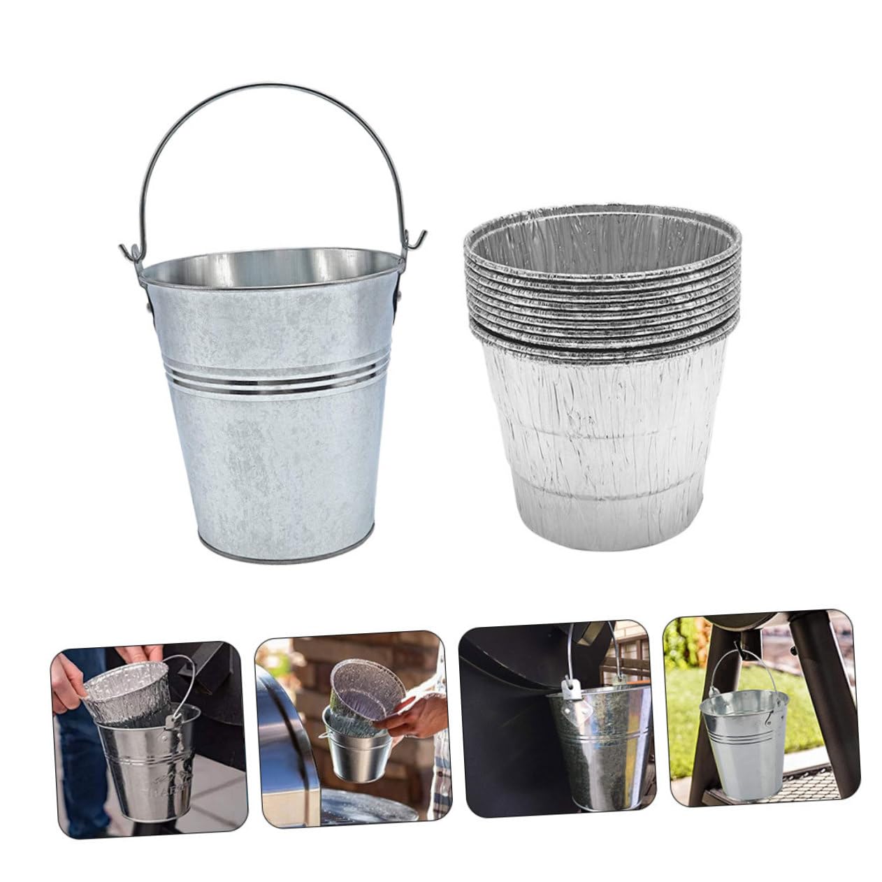 Secchio per Grasso Barbecue Argento in Ferro 10 Pezzi | Inserto in Lamina Flessibile, Portatile, per Home Party e Camping, Accessori Pulizia Barbecue