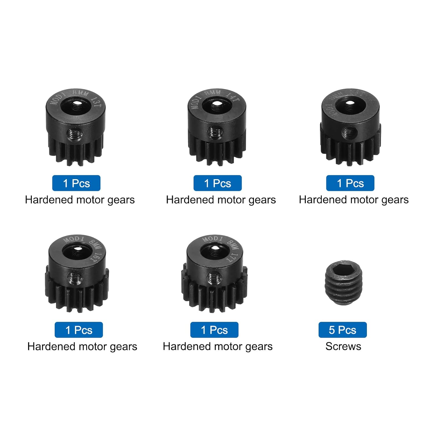 DMiotech M1 13T 14T 15T 16T 17T Steel 5mm Hardened Pinion Motor Gear for RC Car Brushed Replacement Brushless Motors, RC Applications with 5 Pcs Screws & Shaft Coupler for DIY RC Boat Drone