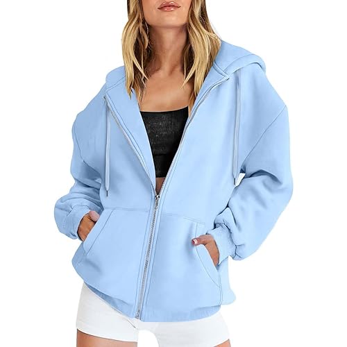 Zip Up Hoodie Women Y2K Long Sleeve Oversized Sweatshirts Lightweight Fleece Jacket Cute 2024 Fall Fashion Clothes