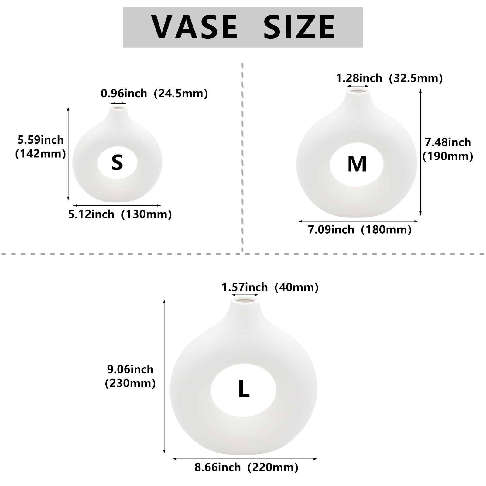 YANLING White Ceramic Vase Home Decor (Set of 3), Round Vases Hollow Donut Vase for Pampas Grass Modern Boho Vase for Living Room Wedding Dinner Table Shelf Decor Office Farmhouse Decoration