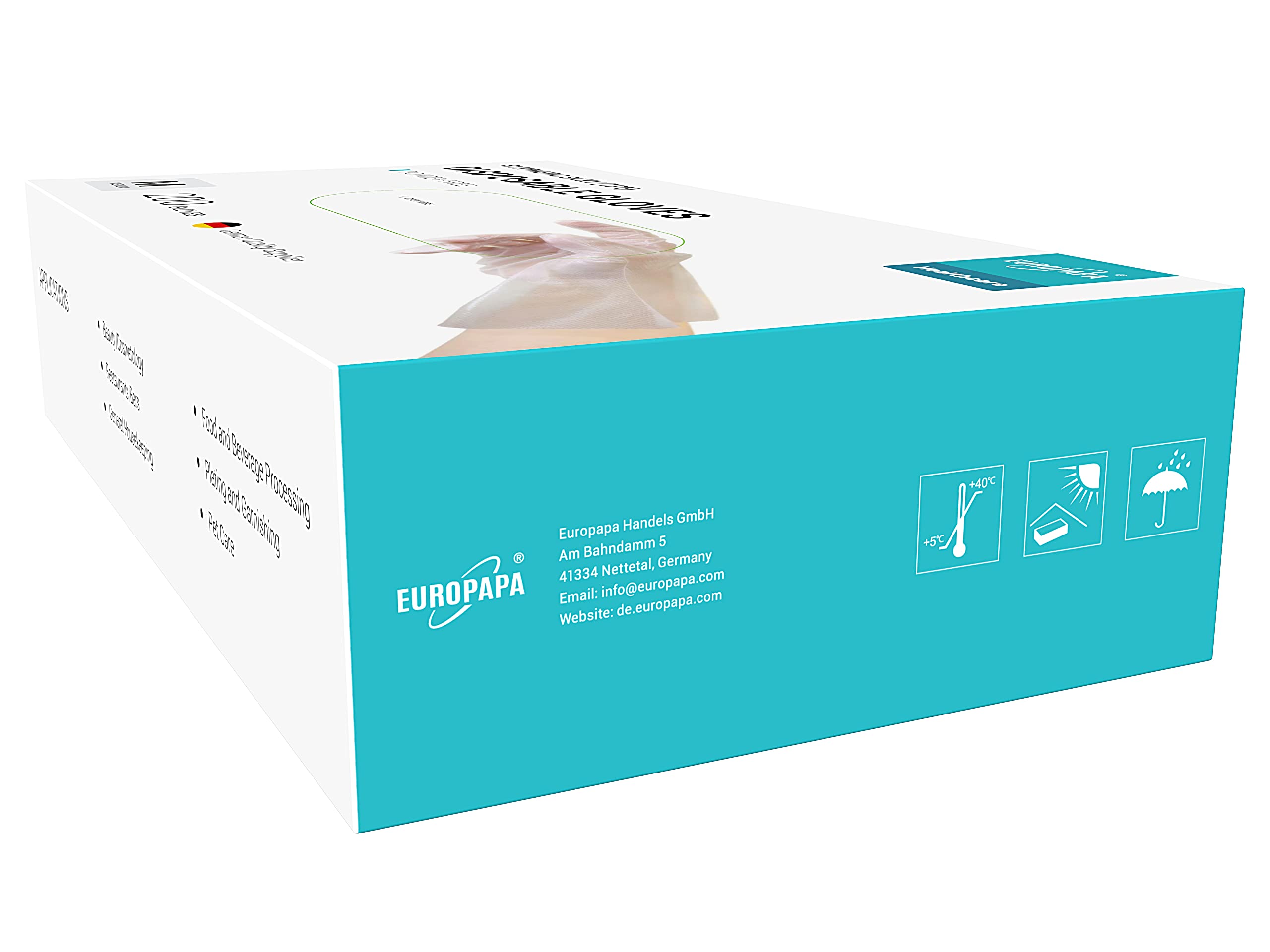EUROPAPA® 100, 200, 300, 450 Pezzi, Guanti Monouso In TPE, Trasparenti E Blu, In Scatola, Guanti Monouso In Gomma, Senza Lattice, Senza Polvere, Taglia S, M, L, XL (Tansparenz 200, XL)