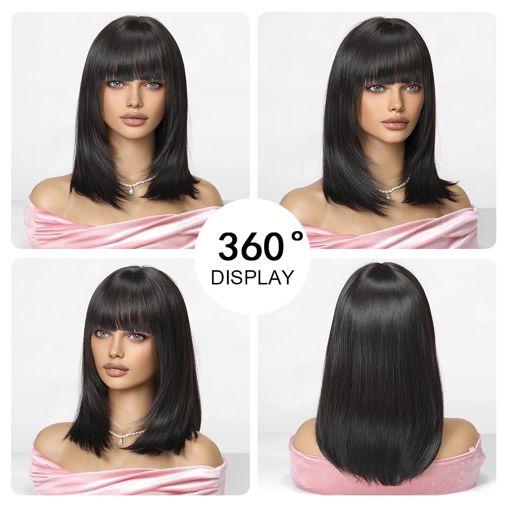 Parrucca Bob Nero con Frangetta Parrucca Corta Dritta per Le Donne Parrucche Di Capelli Sintetici per La Festa Quotidiana Cosplay Indossare