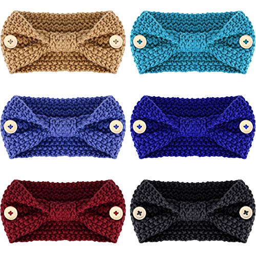 6 Pieces Button Bows Knitted Headbands Non Slip Nurse Headbands Stretchy Head Wrap with Ear Loop Holder Buttons for Women Girls Ears Protection (Black, Navy Blue, Camel, Denim Blue, Green, Wine Red)
