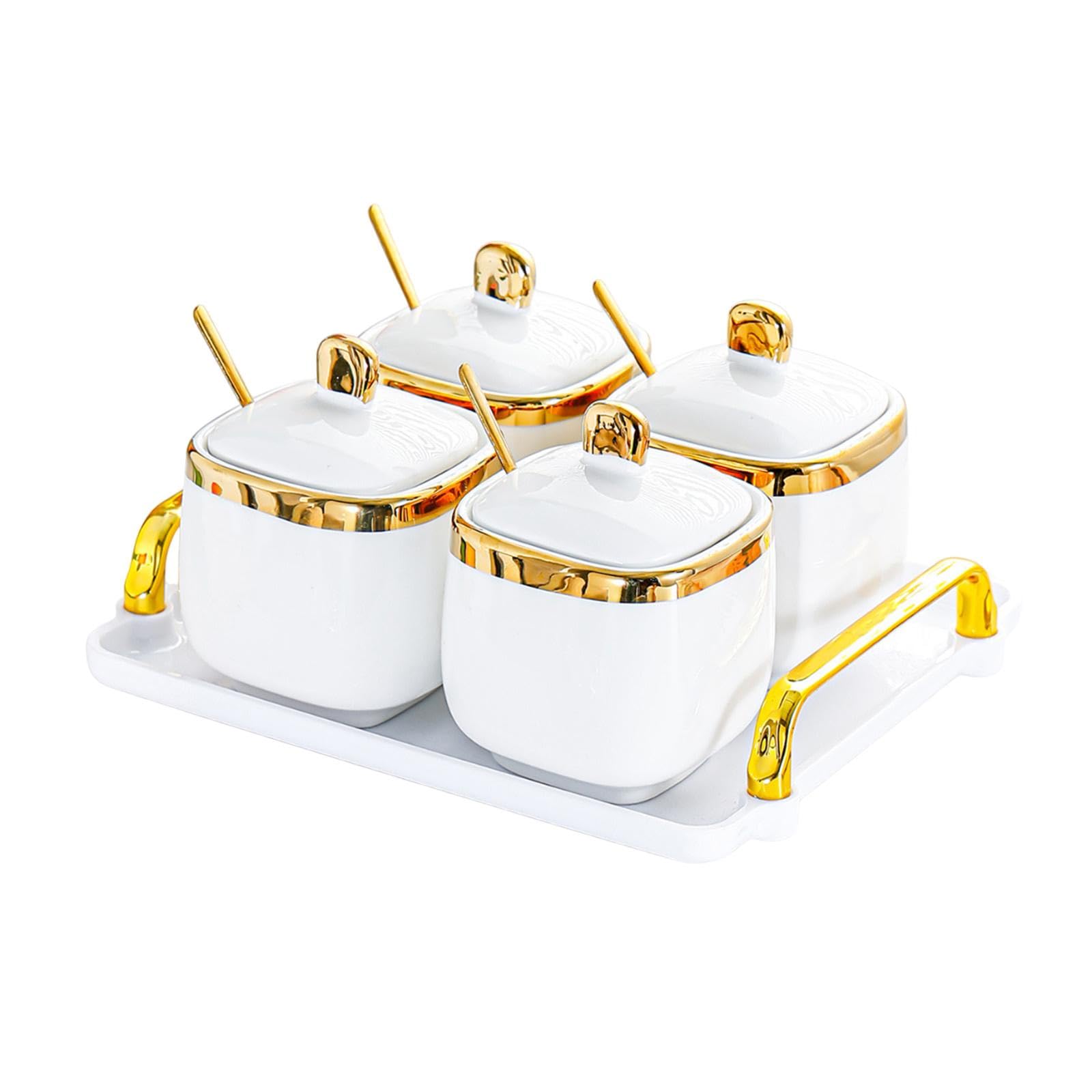 Récipient en Porcelaine pour Condiments, boîte à épices avec cuillère pour comptoir, 4 Pots d'or