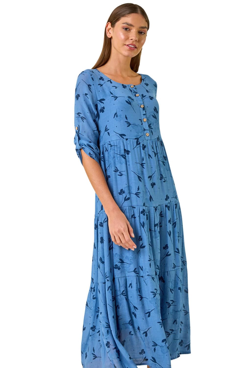 Roman Women's Blue Floral Print Button Midi Dress In Size 20