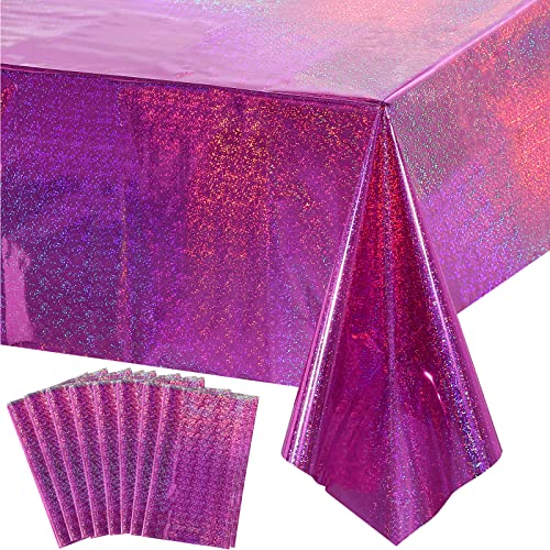 Image of 8 Pack Iridescence Plastic Tablecloths Shiny Disposable Laser Rectangle Table Covers Holographic Foil Tablecloth Iridescent Kpop Birthday Bridal Wedding Party Decoration, 54 inch x 108 inch(Pink & Purple)