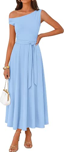 ZESICA Womens Summer Casual One Shoulder Tie Waist Maxi Dress