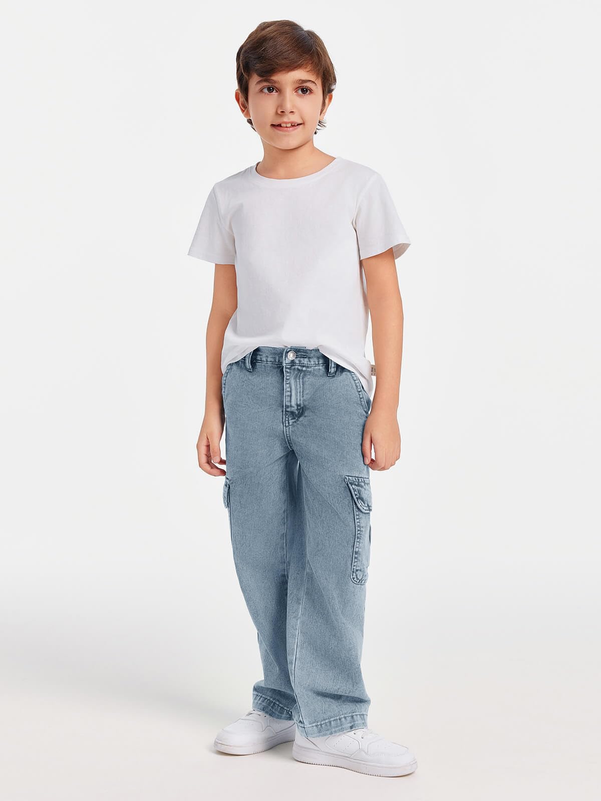 Haloumoning Pantaloni cargo larghi da ragazzo con elastico in vita jeans a gamba larga casual con tasche 5-14 anni