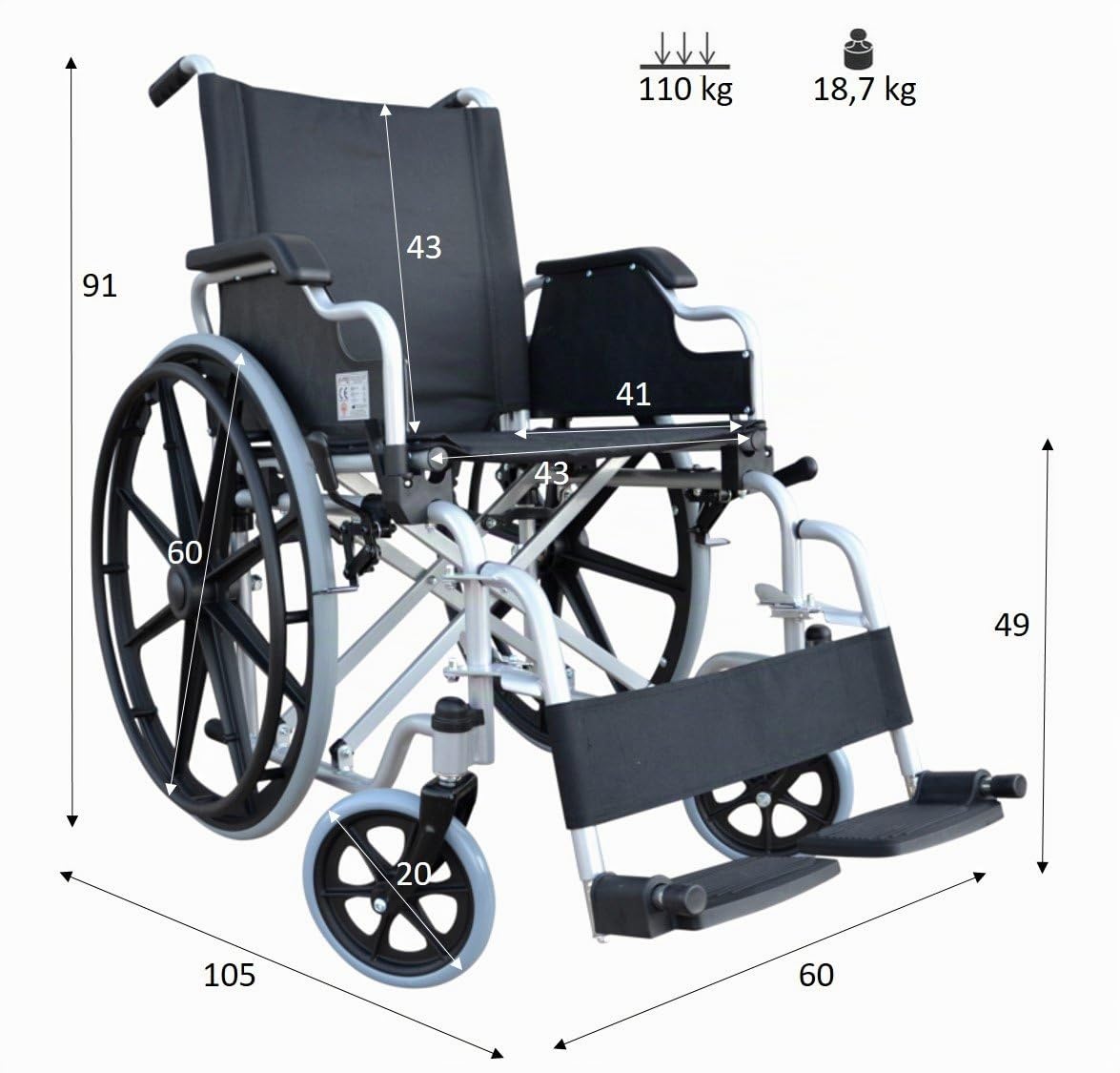 DELO Silla de ruedas autopropulsable plegable y portátil de acero