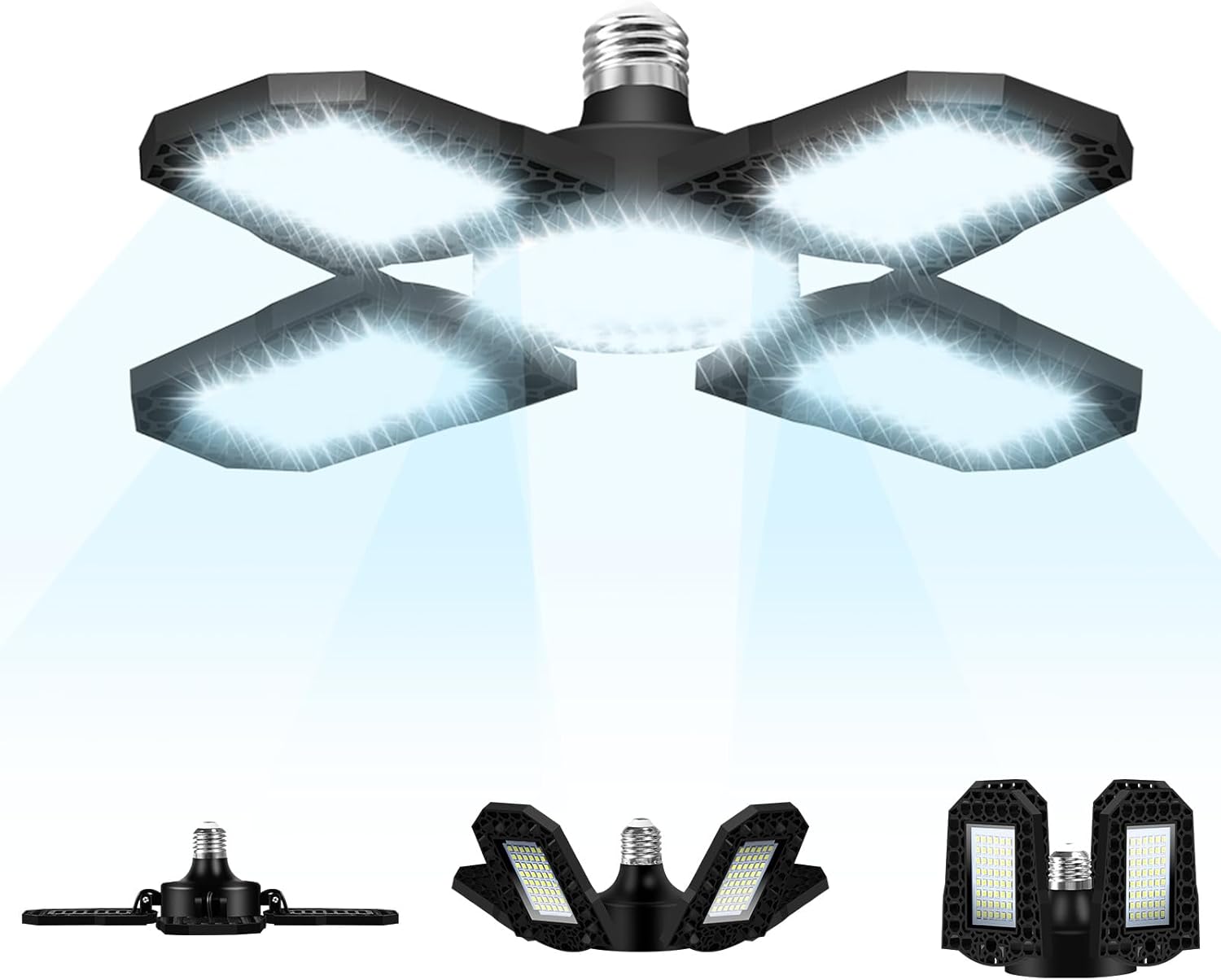 240Leds Garage Light Super Bright 15652 Lumen 6000K Daylight Shop Ceiling Lights Bulbs with 4+1 Adjustable Panels E26/E27 Base Deformable Workshop Lamp 100-277V Garage Basement Lighting