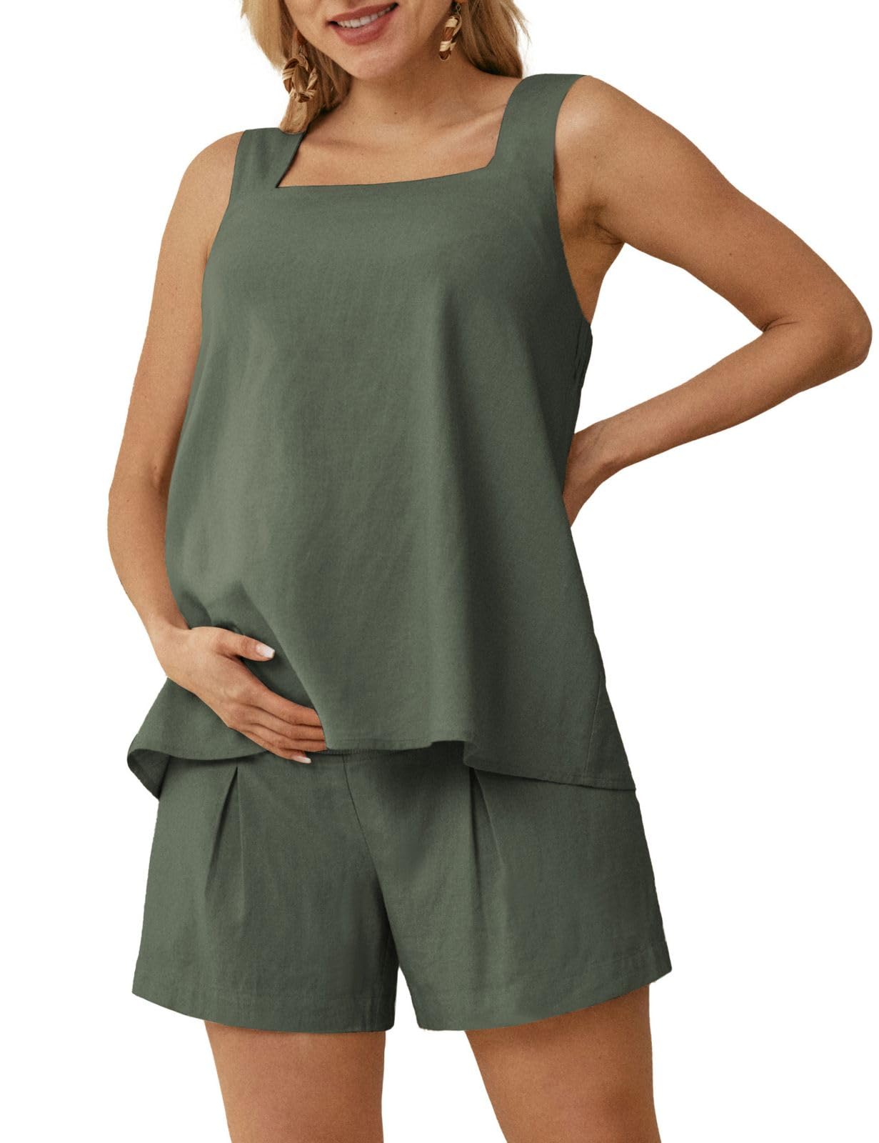 Maacie Maternity 2 Pieces Outfits Summer Linen Shorts Sets Tank Tops Wide Legs Shorts with Pockets
