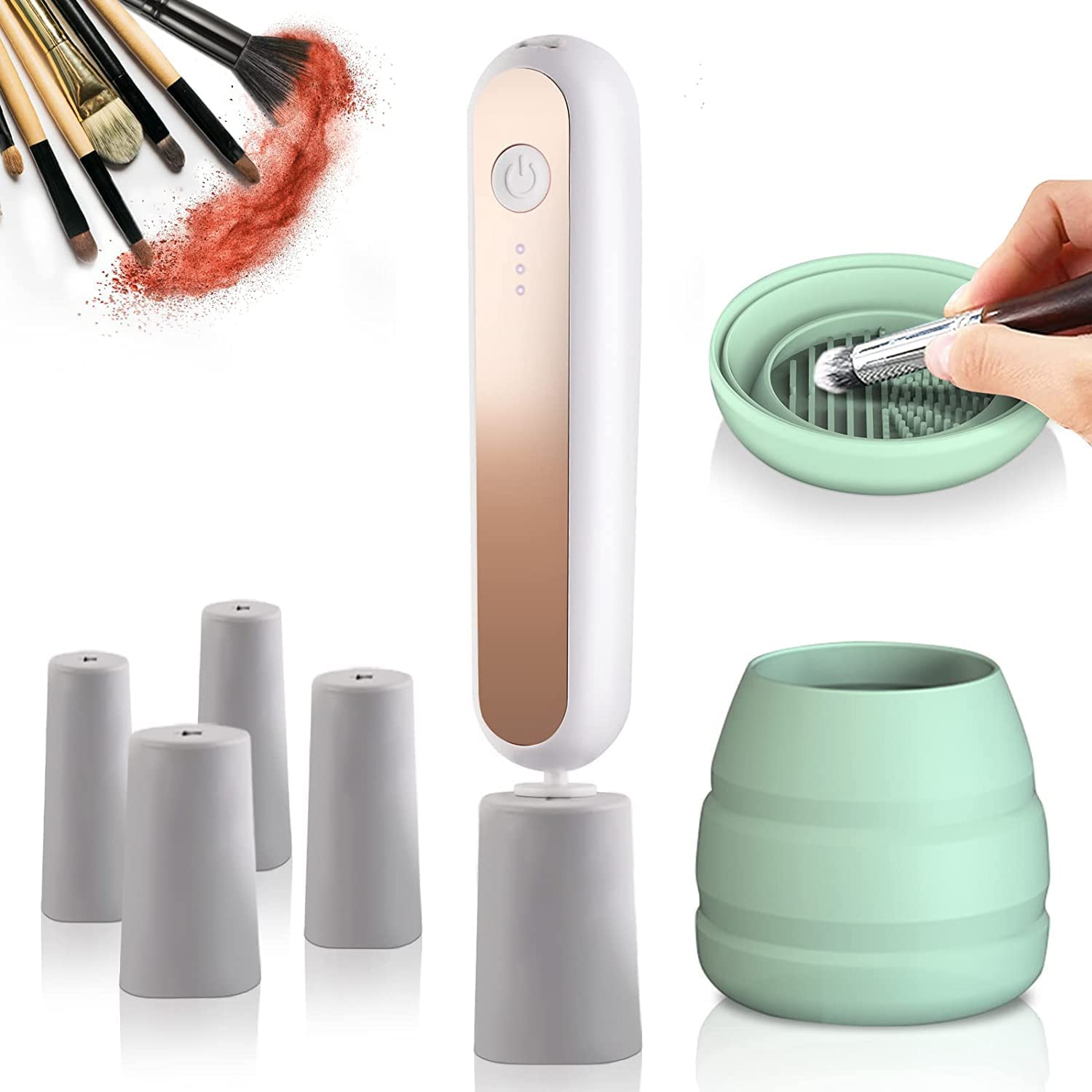 ExceforeExcefore Electric Brush Cleaner -Eletric Clean and Dry Your Makeup Brushes USB Rechargeable, Automatic Spinner, Collapsible Silicone Tank for White Eletric Dryer Machine
