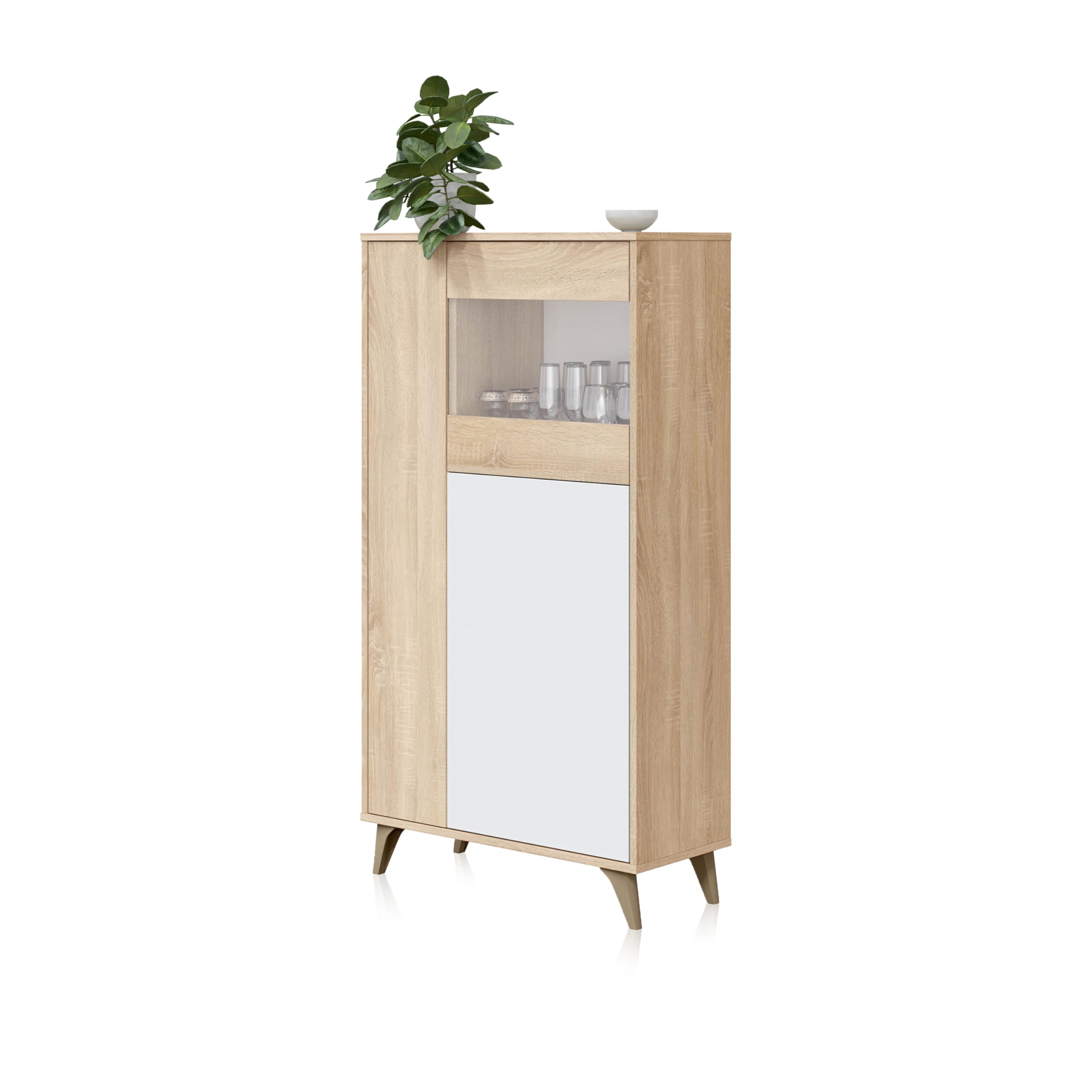 duehome | Vitrina con 3 Puertas, Bueffet para salón, Modelo Lira, Acabado en Blanco Artik y Roble Canadian, Medidas: 77 cm (Ancho) x 142 cm (Alto) x 33 cm (Fondo)