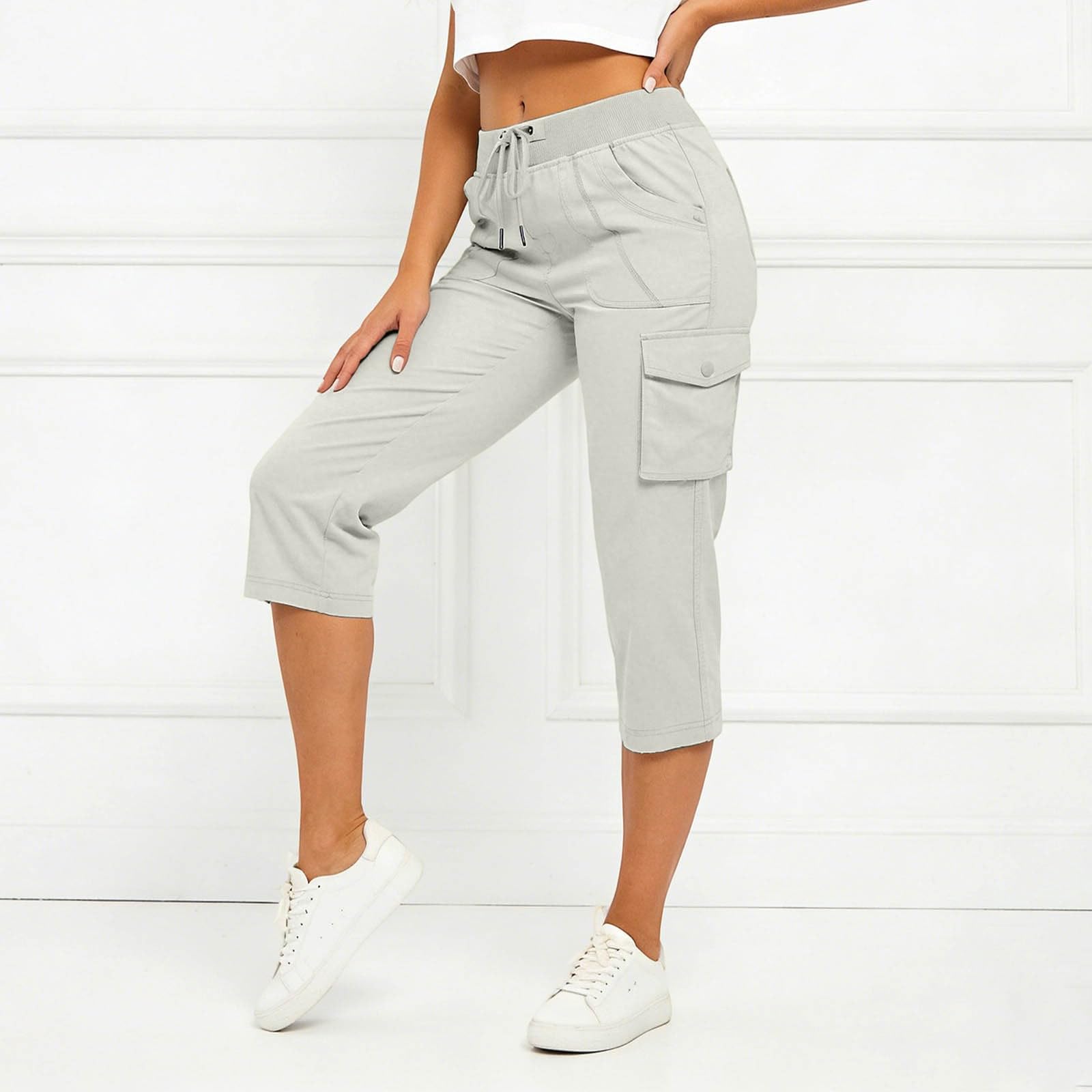 Pantaloni in Lino Donna Pantaloni Capri Cargo da Donna con Tasche, Vita Semi Elasticizzata, Sportivi con Bottoni, Leggeri da Trekking. Lino Estivo