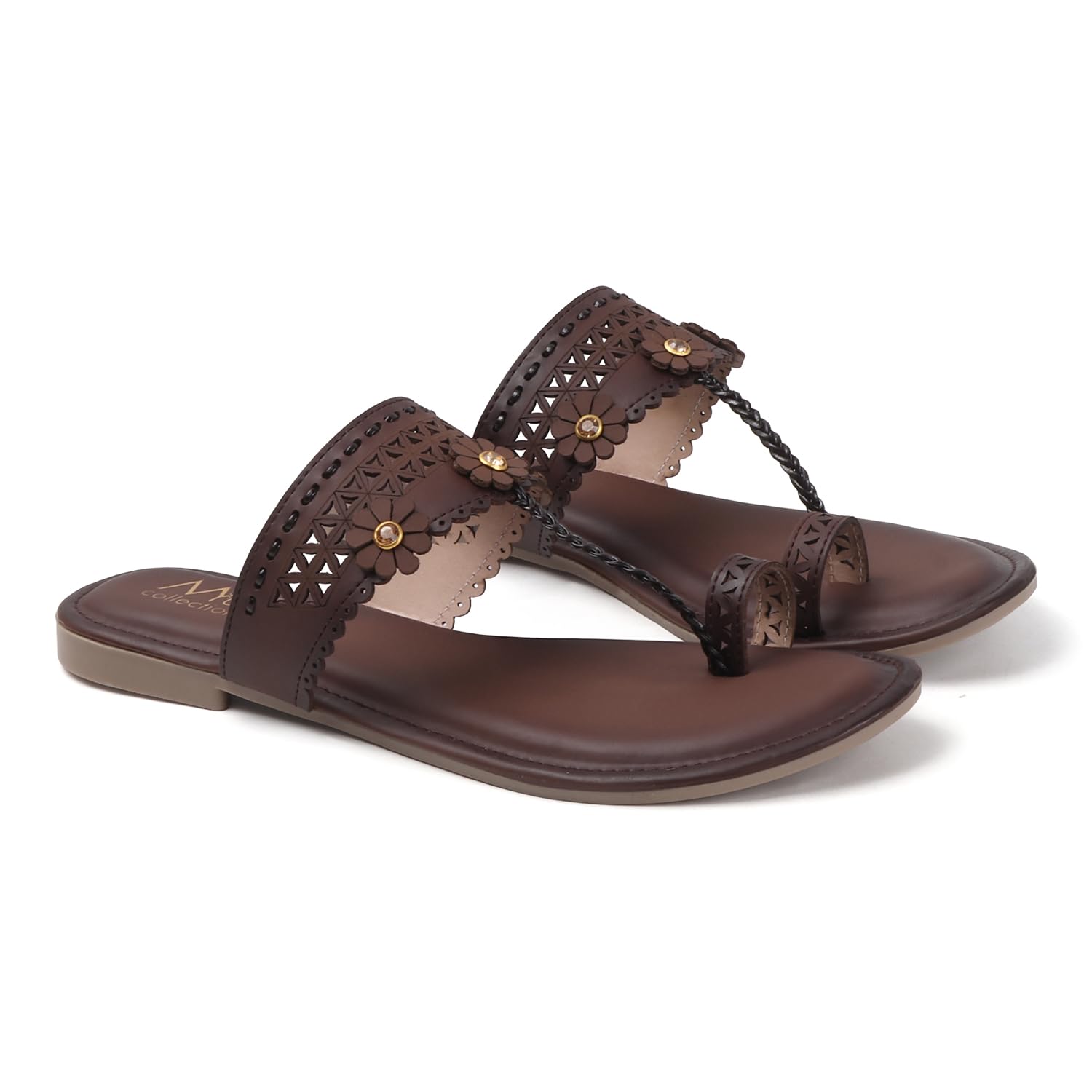 mayuri collection Mayuri Women's Flat Sandals | Laser Cut Floral Brown Leatherette Thong Slippers | Fancy Crystal Braided Strap Flip Flops | Stylish Comfortable Casual Summer Footwear for Ladies-picture-55