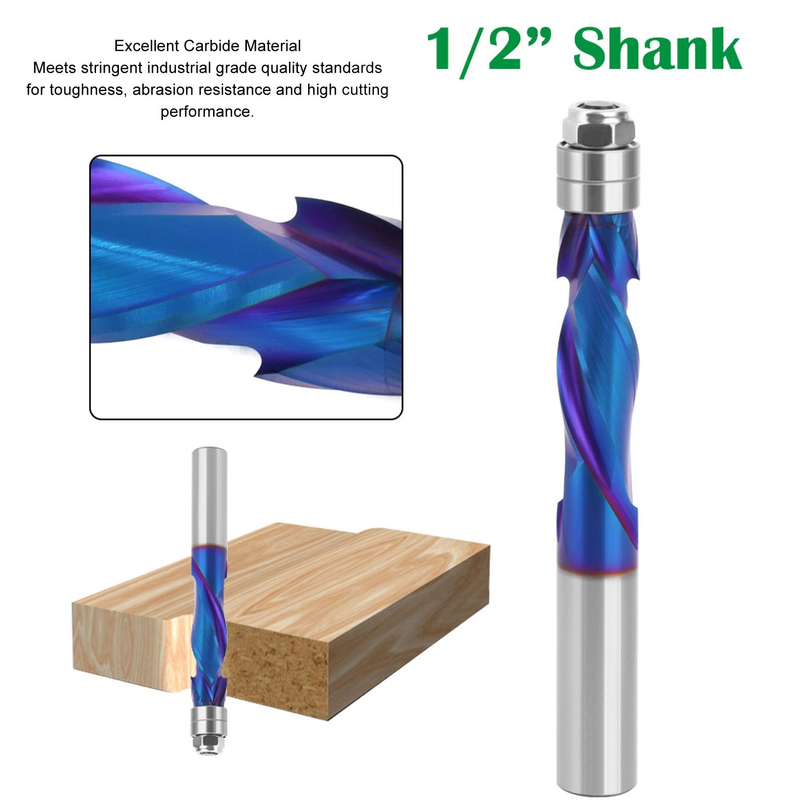 Fafeicy Frez Kompresyjny, Frez Spiralny z Węglika Spiekanego YK20, 1 trzpień 2-calowy, Powłoka Nano Blue, Prowadnica z Podwójnym łożyskiem, Czyste Cięcie od Góry i od Dołu do Routera CNC do Obróbki