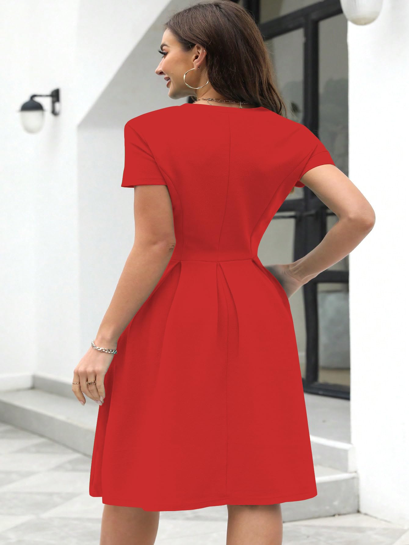 Shasmi Girl's & Women's Solid Red Color Solid Slant Pocket Fold Pleated, Women Cocktail Party Vintage Style With Pockets Big Swing Simple Retro Dress (Dress 166 Red-M)