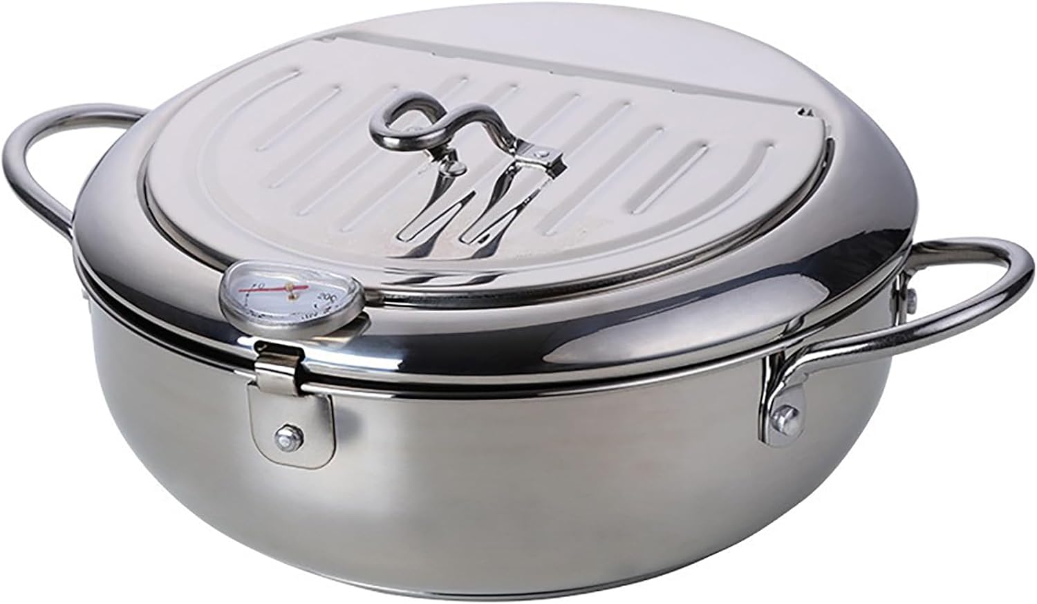 Deep Fryer Pot Japanese Stainless Steel Tempura Small Deep Fryer Frying Pot with Thermometer Lid And Oil Drip Drainer Rack Visual Oil Temperature Gauge,Combines Oil-saving, Splash-proof,Silver