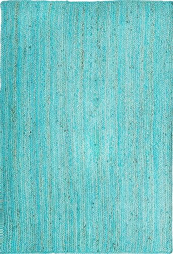 Image of Unique Loom Braided Jute Collection Area Rug - Dhaka (4' 1 inch x 6' 1 inch Rectangle, Turquoise)