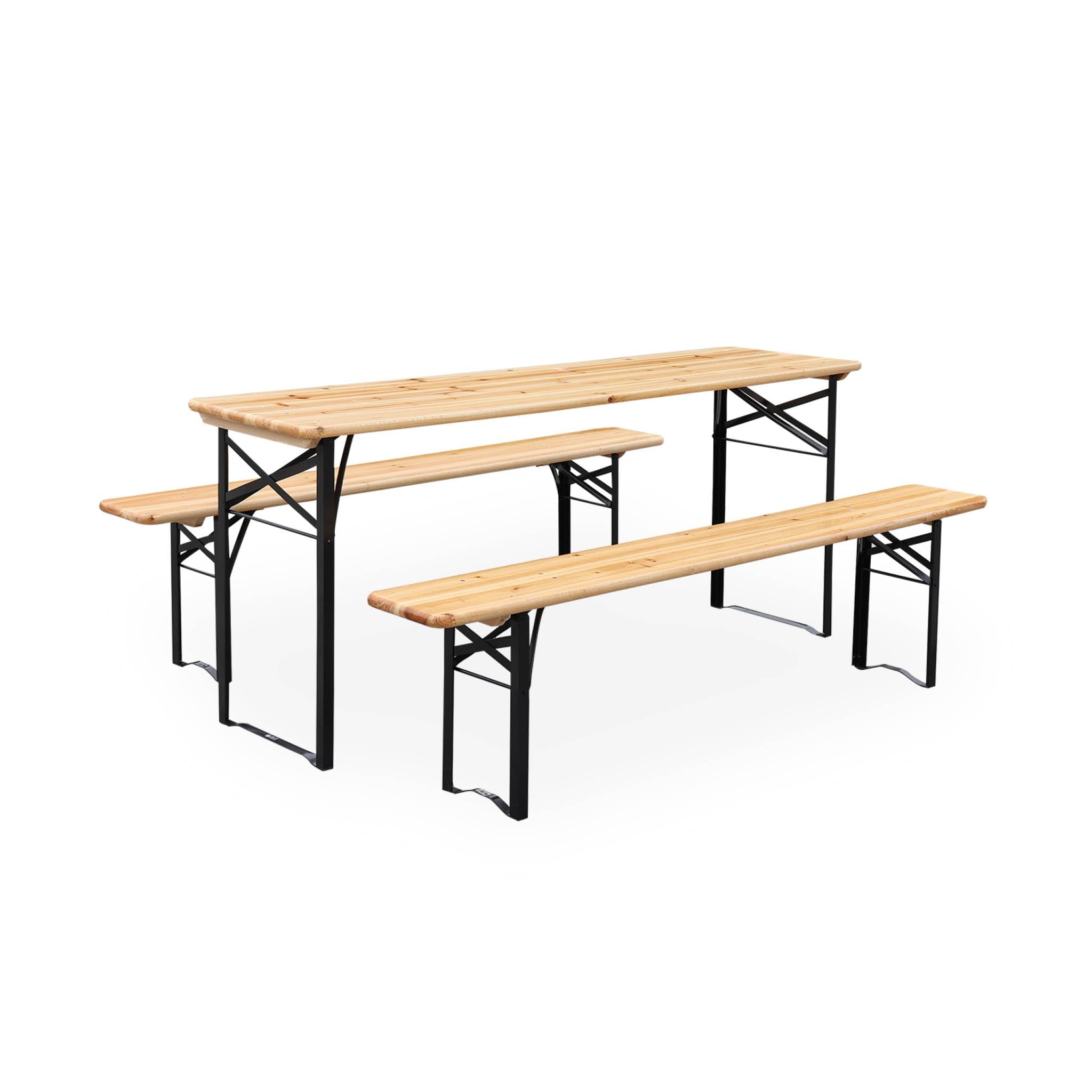 Alice's Garden sweeek- Table de Jardin Pliante Bois de Sapin + 2 bancs Bayonne – Esprit Brasserie. Pliable. 6 Personnes
