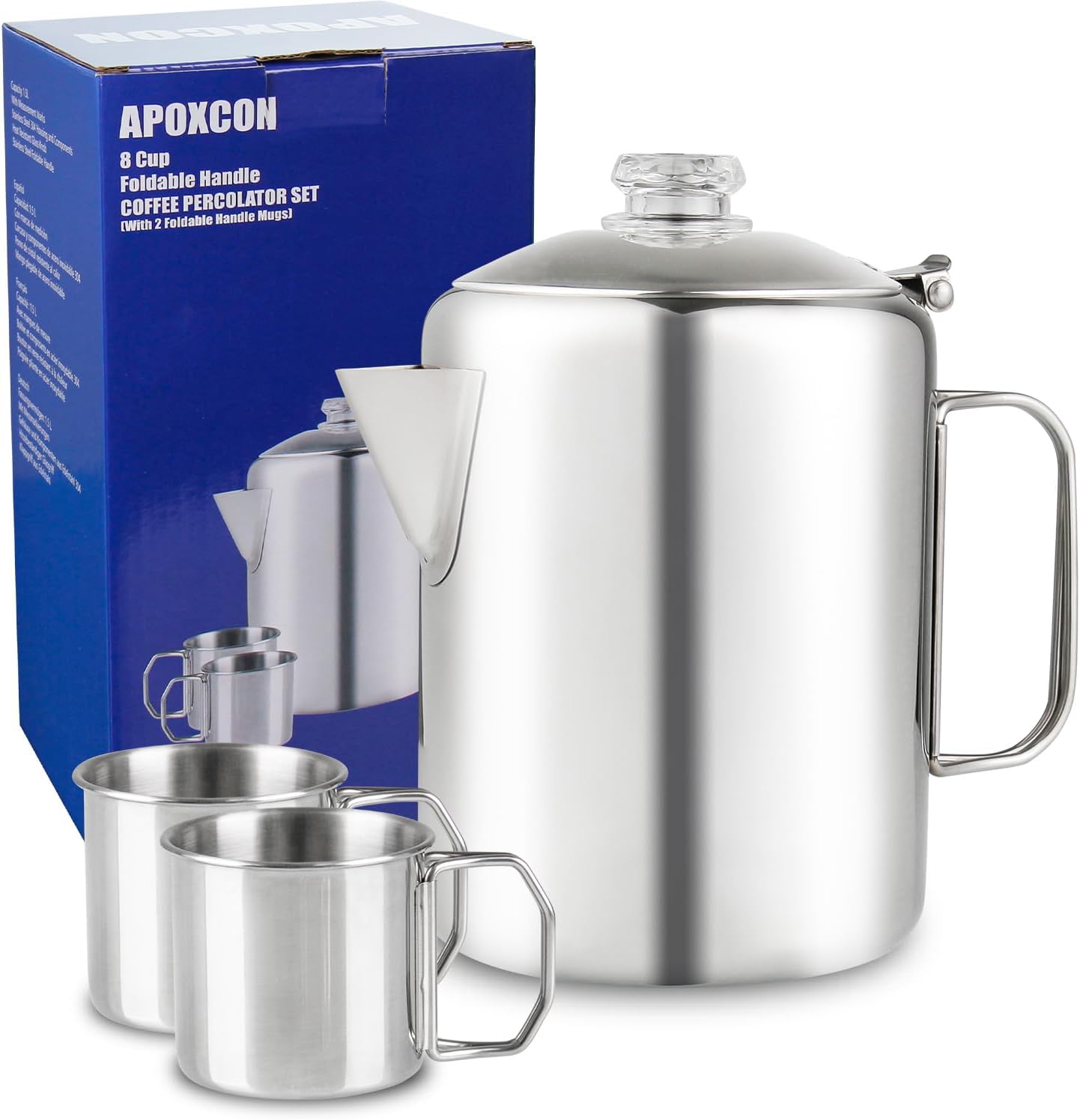 Coffee Percolator Bundle with 2 Mugs Stainless Steel Coffee Maker with Heat Resistant Tough Glass Knob & Foldable Handle Using on any Stovetop Outdoor Camping NO Aluminum NO Plastic (8 Cup) Stainless Steel-8 Cup