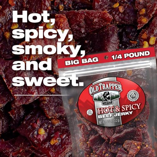 Image of Old Trapper Beef Jerky, Hot & Spicy 1 /4-Pound Individual Package, Savory and Spicy Meat Snacks for Lunches or Between Meals, 11 Grams of Protein and 70 Calories per Serving (Pack of 8)