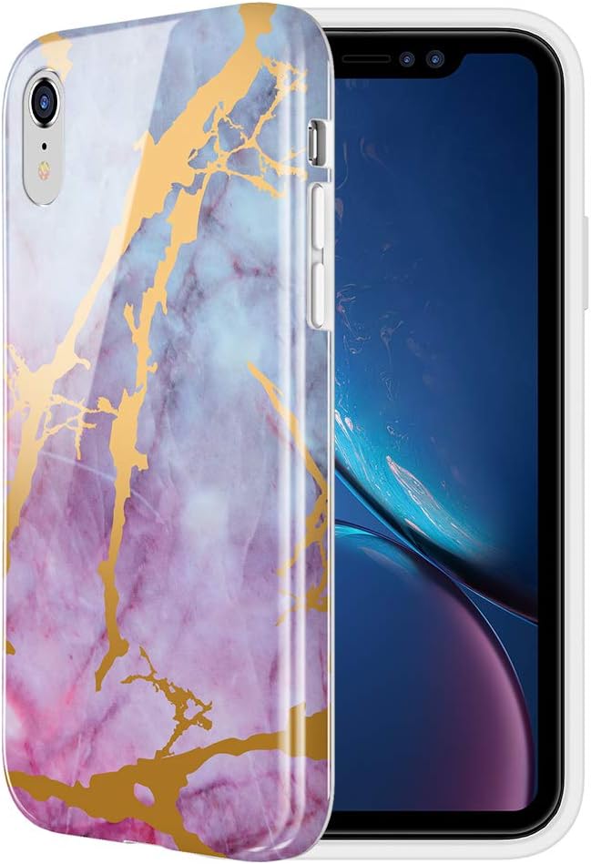 Caka Marble Case Compatible for iPhone XR, Girly Slim Anti Scratch Shockproof Luxury Fashion Cute Silicone Soft Rubber TPU Protective Case for iPhone XR (6.1 inch) (Pink)