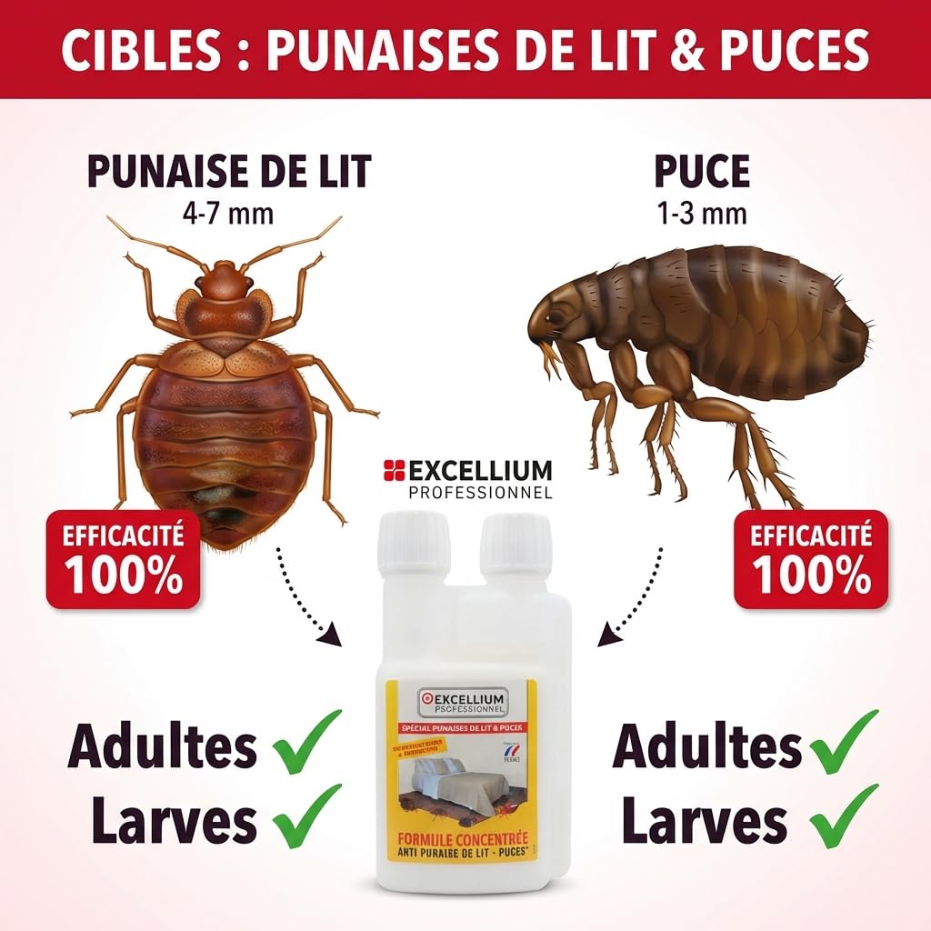 Insecticide Concentré Anti-Punaises de Lit 500ml EXCELLIUM PROFESSIONNEL | Punaises de lit et puces · Concentré à diluer · Grand format 500 ml · Flacon doseur