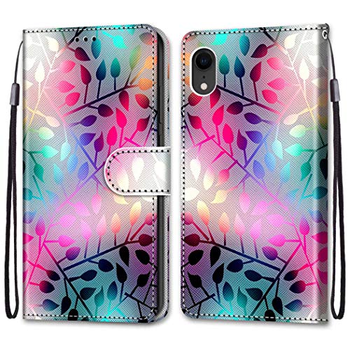 TOUCASA for iPhone XR Case for iPhone XR Case Creative Painted Wallet Case PU Leather Flip Magnetic Colourful Kickstand Card Slots Folio Protection Case for iPhone XR (6.1 Inches),Colorful Leaves - Image 2